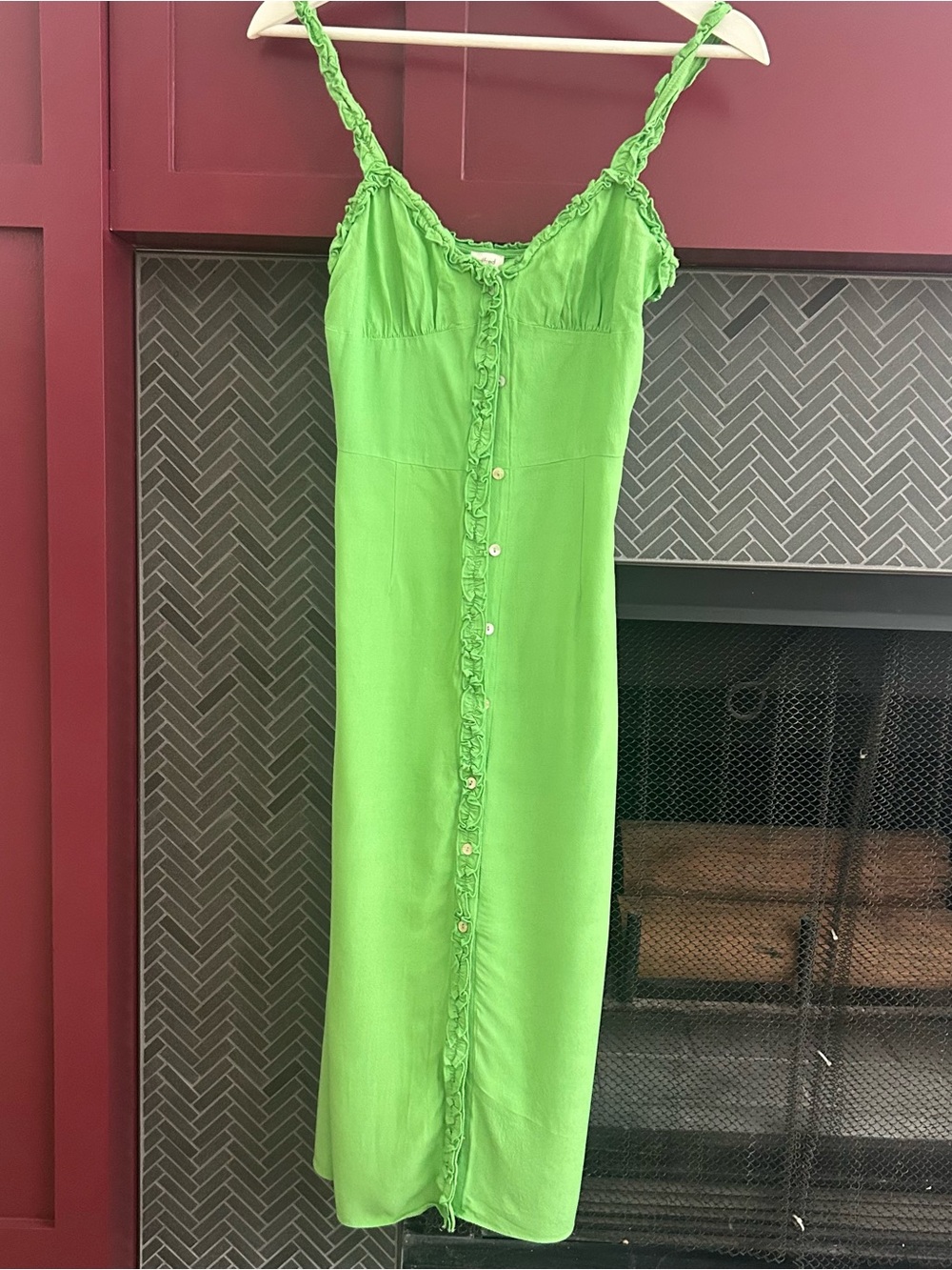 Aritzia Wilfred Bright Lime Green Ruffle-Trim Slip Midi Dress